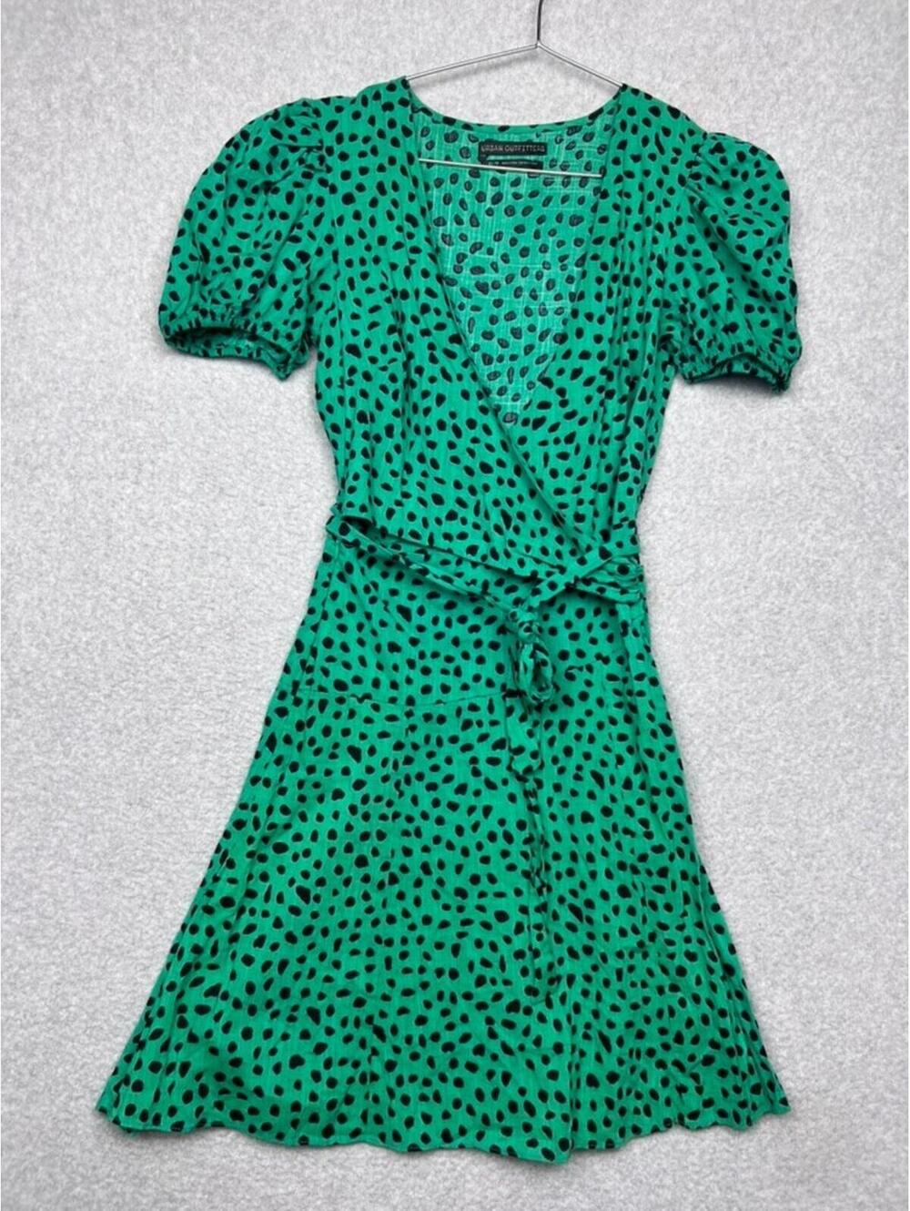 Urban Outfitters Dress Womens XS Green Polka Dot Jocelyn Wrap Puff Sleeve Mini